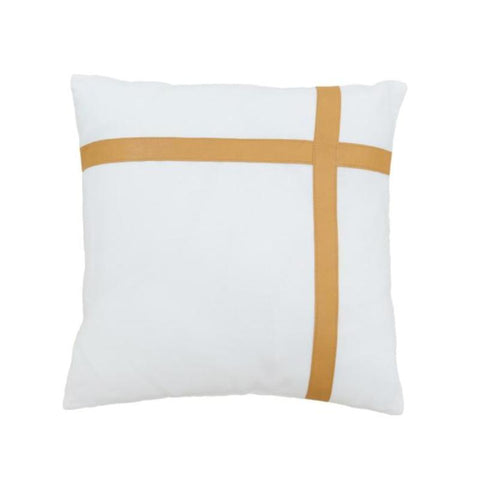 Golden Tan Leather And White Linen Cushion Cover