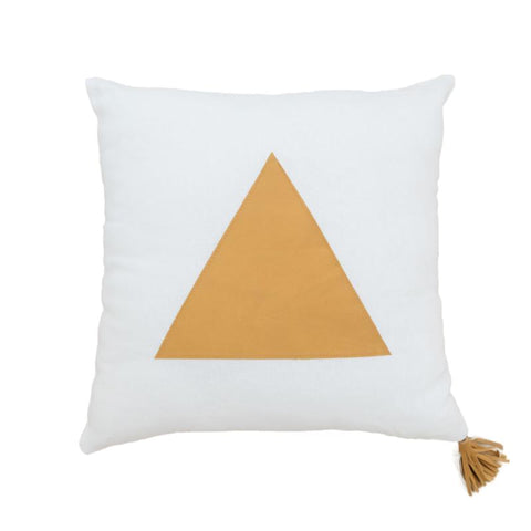 Golden Tan Leather Triangle on White Linen Cushion