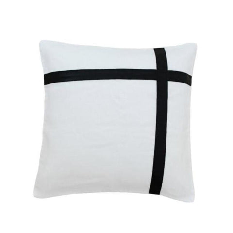 Black leather & White Natural Linen Cushion Cover