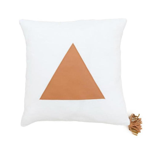 Tan Leather Triangle on White Linen Cushion
