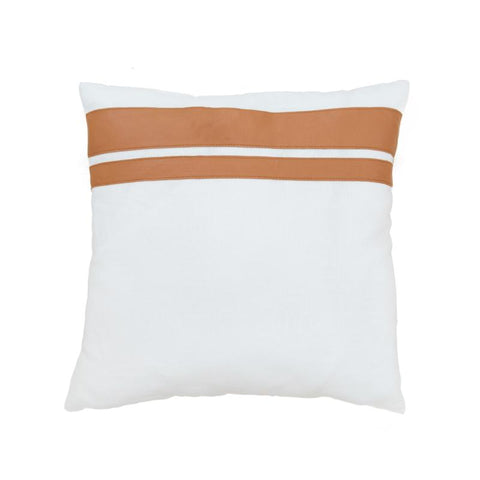 Tan Leather & White Linen Cushion